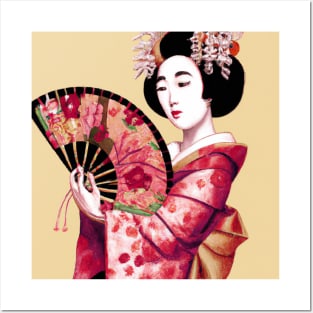 Elegant Geisha with Paper Fan - Traditional Japanese Art Design Posters and Art